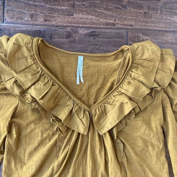 Anthropologie Ruffle Down V-Neck Top Cotton Holly Gold Blouse Women's XS - Picture 9 of 11